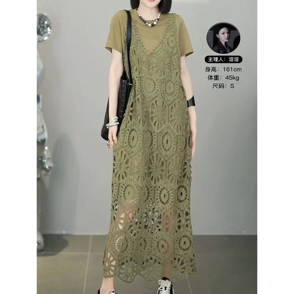 裙子气质休闲套装女夏季新款简约纯色短袖连衣裙+镂空蕾丝吊带裙