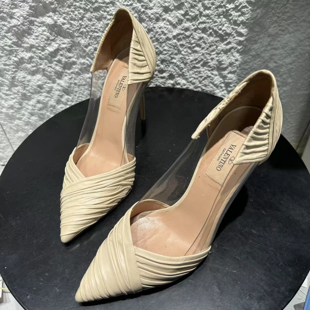 99新 Valentino/华伦天奴 37.5码/米白色褶皱透明设计款高跟鞋036