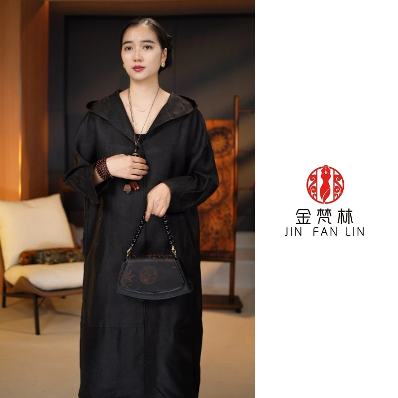 【冬织雨】非遗重磅桑蚕丝香云纱连帽风衣裙提花新中式国风中年