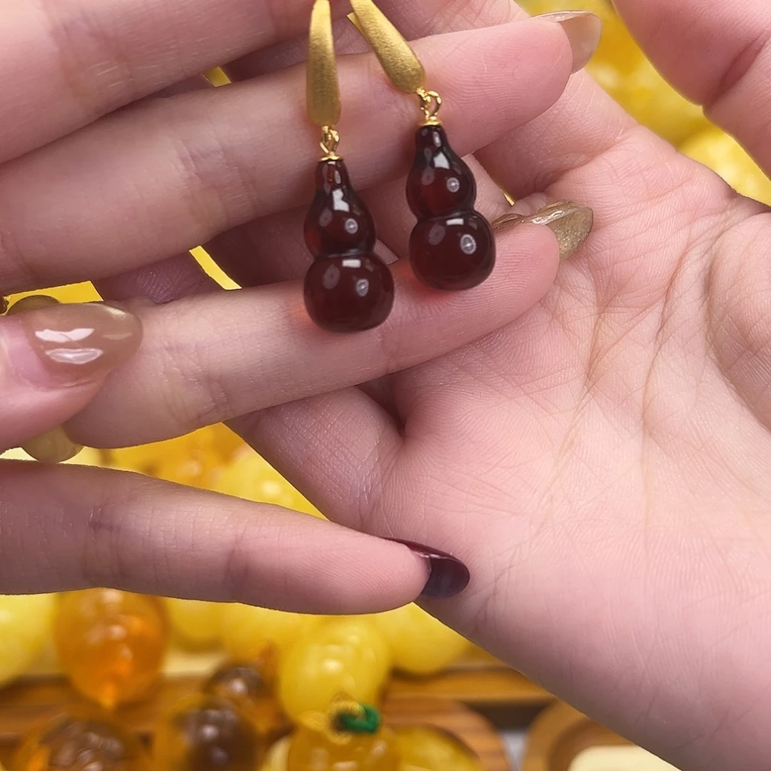 裸石琥珀银S925镀金镶嵌血珀葫芦耳饰