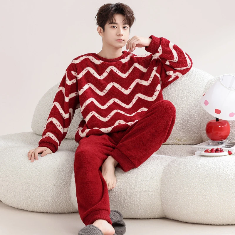 睡衣男冬季珊瑚绒套装本命年红色加厚加绒秋冬款半边绒男士家居服
