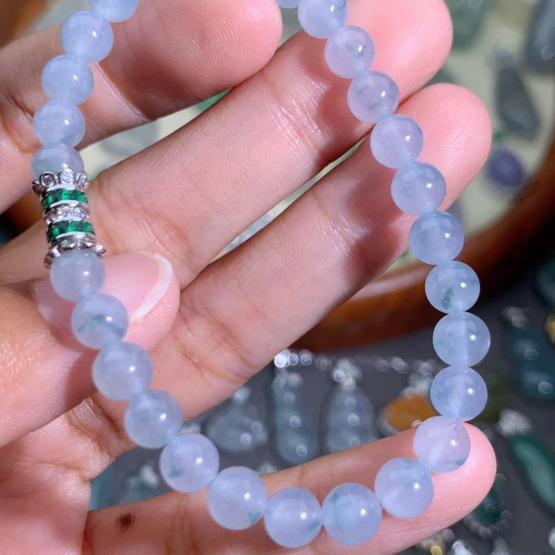 翡翠未镶嵌手链飘花圆珠手串