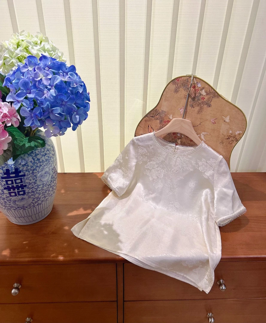 CCM新中式轻奢白色提花醋酸打底衫短袖T恤女夏气质中国风宽松小衫