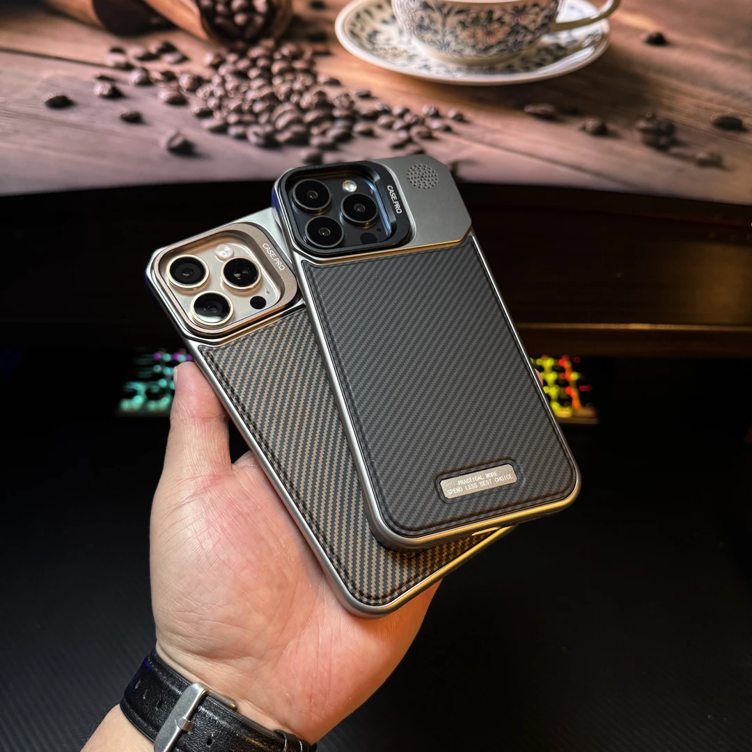 适用苹果16ProMax无边框碳纤纹镜头支架手机壳15简约防摔磁吸硬壳