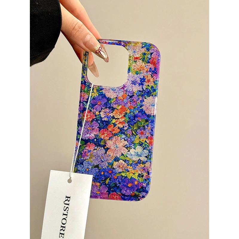 奥菲顿复古油画小花朵适用iPhone16/15p滴胶闪粉14手机壳苹果12套