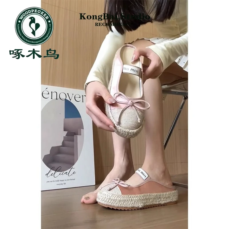 啄木鸟包头半拖鞋女款2025新款夏季厚底凉拖鞋编织外穿休闲渔夫鞋