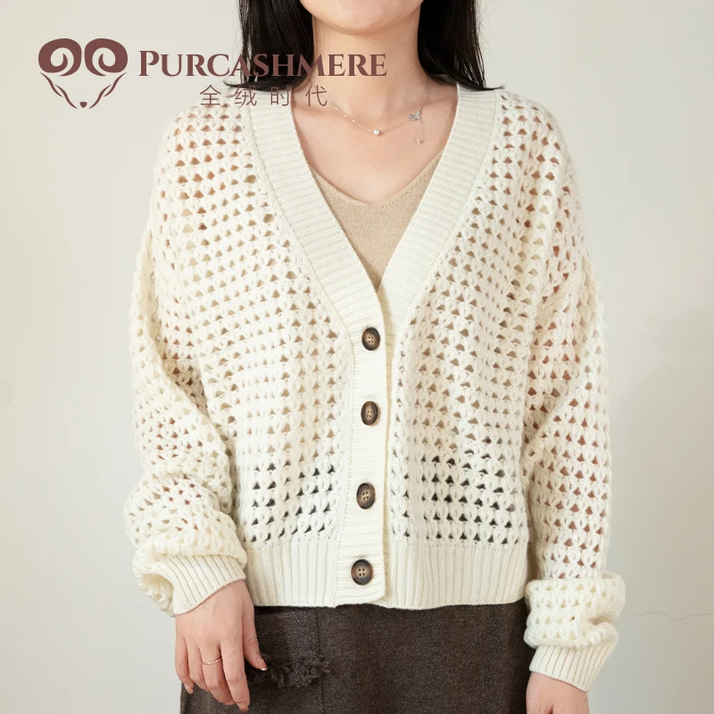 全绒时代pure cashmere 甜美镂空纯羊绒衫女毛衣春秋开衫25新上衣