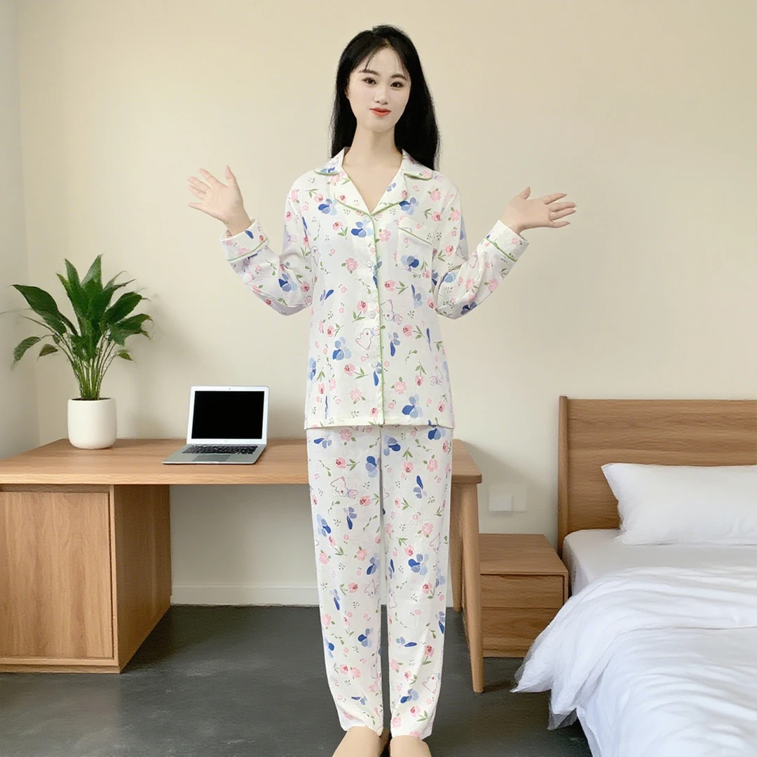 云朵棉秋季女士睡衣长袖长裤不带胸垫小个子奶fufu家居服套装Y170