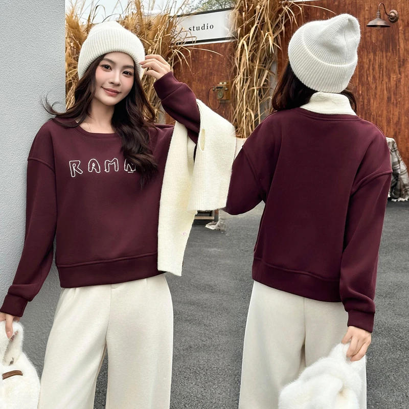 时尚加绒字母印花卫衣女2025冬季新款洋气宽松显瘦小个子圆领卫衣