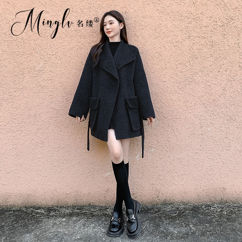 时尚双面呢大衣女2025新款高级感中长款小个子黑色设计感大衣外套