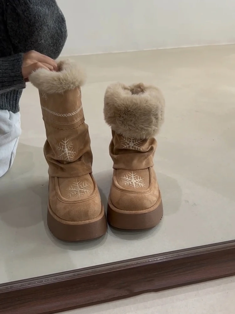 牛皮版~小众雪花设计厚底时髦雪地靴女绒面褶皱冬季保暖加绒棉靴