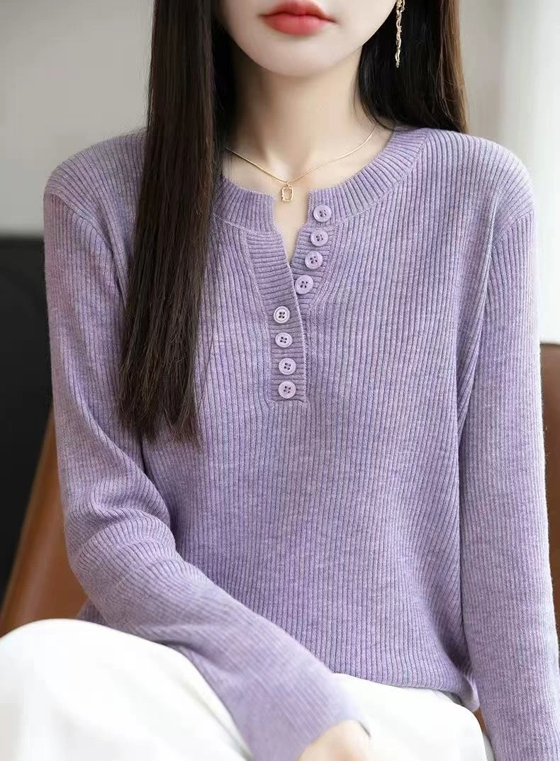 （神仙紫V领）早秋V领针织打底衫女2025新款内搭大码女装秋冬毛衣