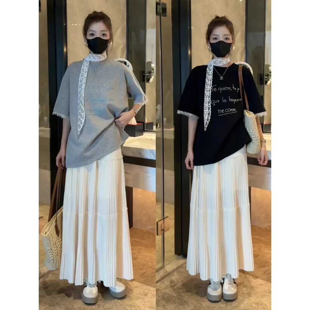 【韩系女装】2025夏季新款韩版时尚百搭显瘦短袖T恤+高腰半身裙套装