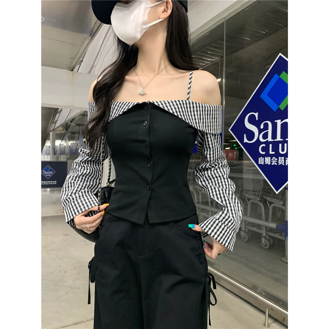 假两件露肩长袖t恤秋季新款格子拼接一字肩修身辣妹上衣显瘦性感