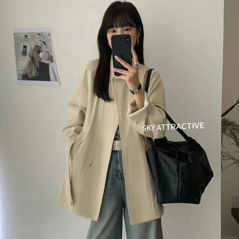 【25012】立领单排扣韩系腰带显瘦风衣外套女