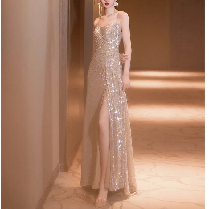 奢华亮片裹胸订婚服新娘敬酒服鱼尾式主持人优雅晚宴名媛气质高级