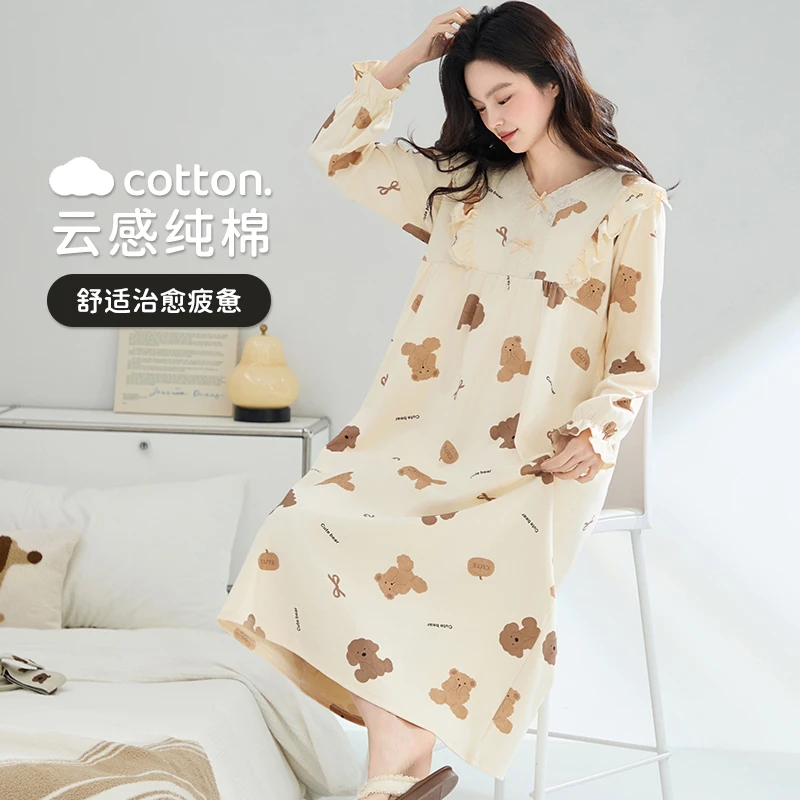 睡裙女款纯棉春秋季款睡衣长袖大码2025新款家居服可爱公主风睡裙