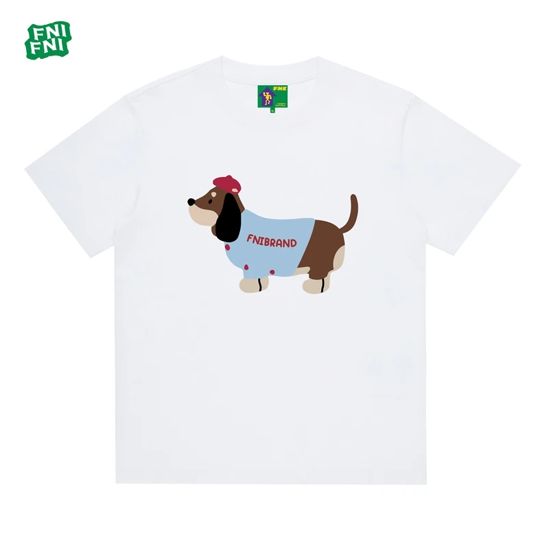 FNI国潮重磅纯棉（贝雷帽小狗）男女同款t恤美式复古短袖24新款发泡