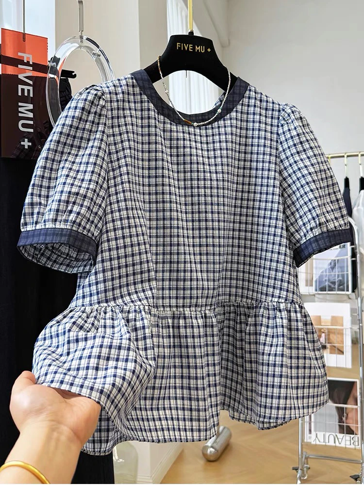 2025夏季新款撞色圆领格子系带甜美衬衫短袖洋气娃娃衫女上衣