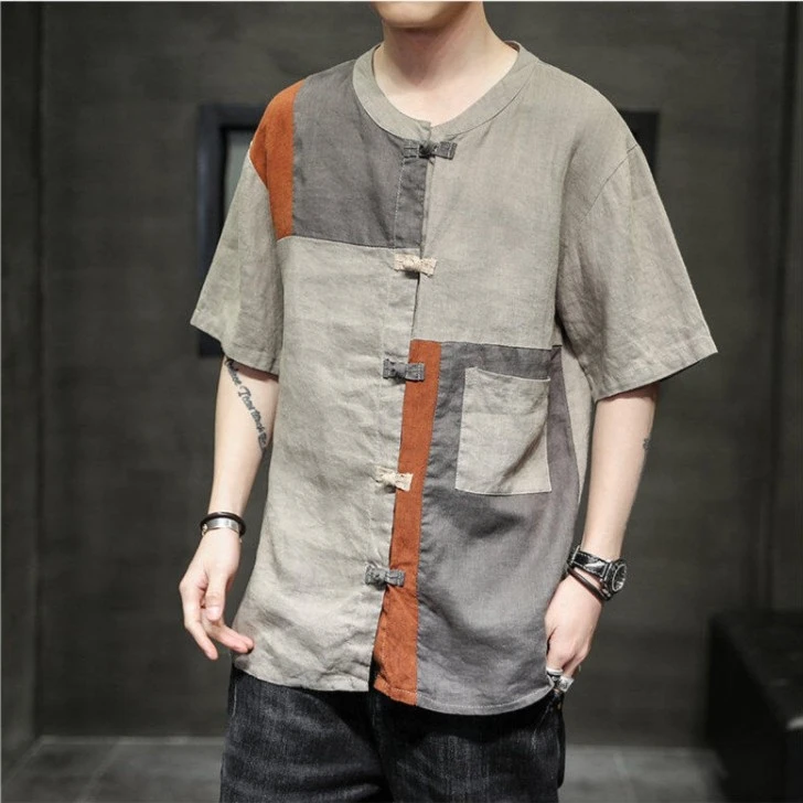 夏季短袖衬衫唐装乞丐补丁中国风男装汉服圆领盘扣中山装休闲上衣