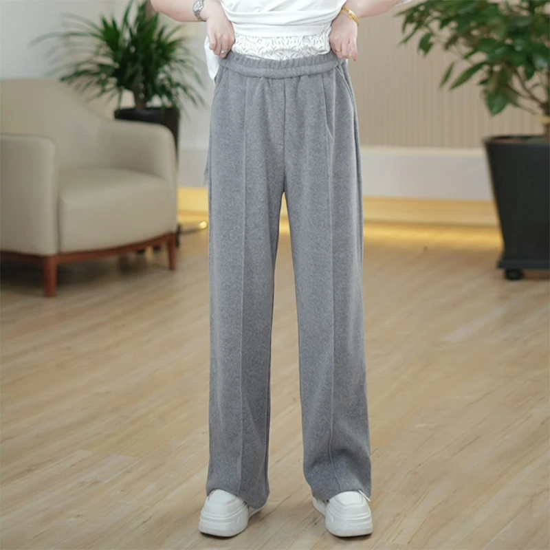 毛巾绣裤子大码显瘦时尚百搭针织弹力简约休闲春季新款垂感长裤