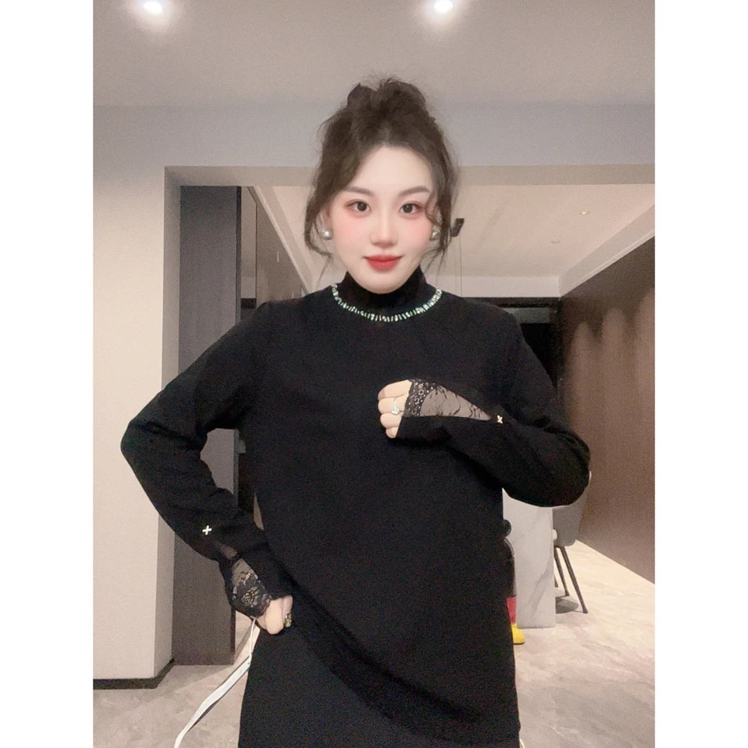 秋冬大码女装重工钻领薄绒蕾丝拼接半高领长袖打底衫