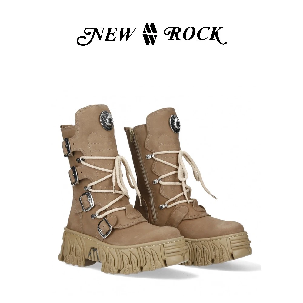 NewRock西班牙潮牌新款原创设计末日废土风复古工装火焰厚底靴
