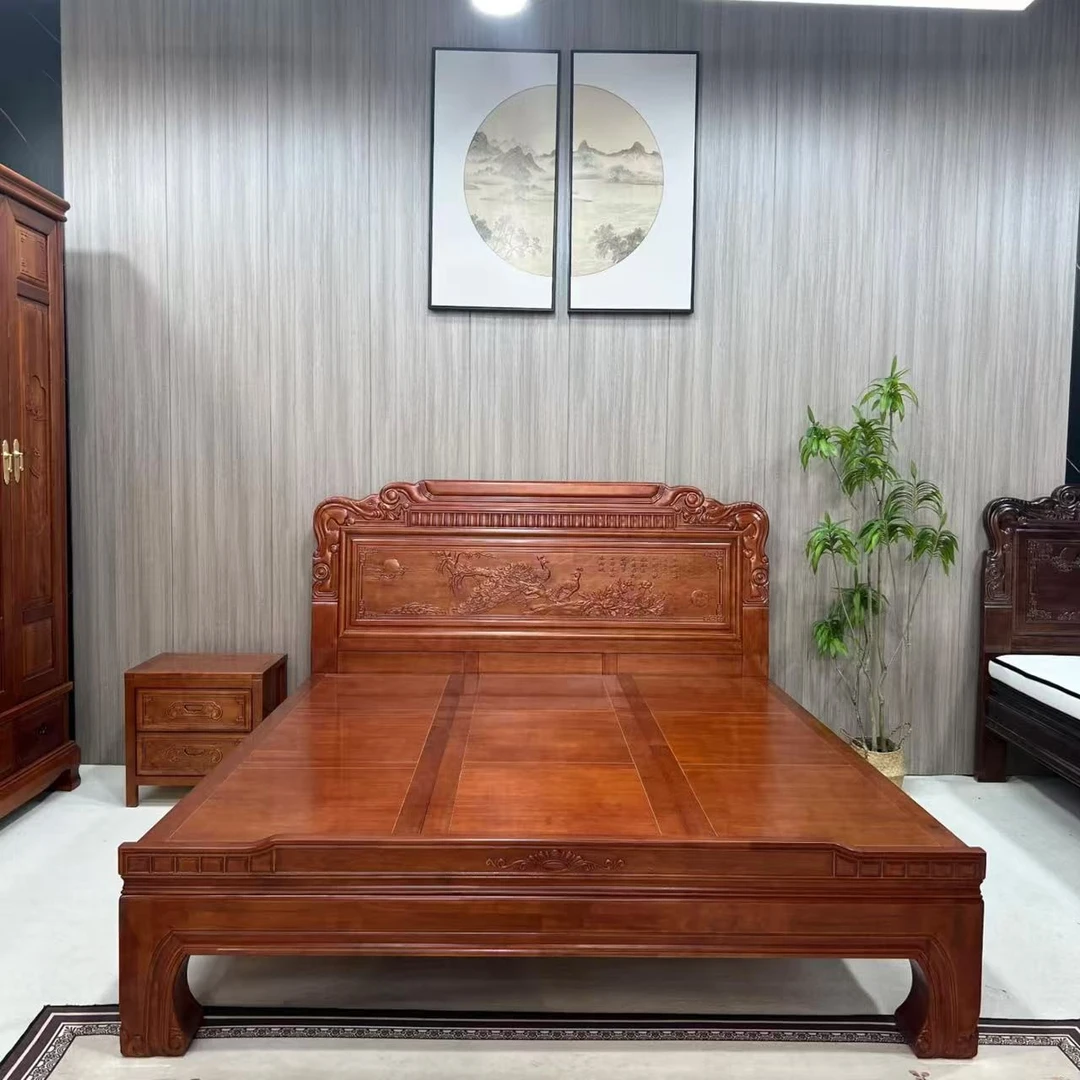 实木床全榫卯结构 古典雕花中式婚床1.8米主卧床 黄金梨木双人床