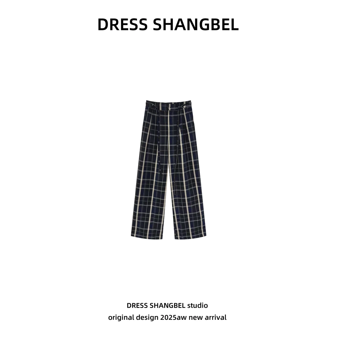 DRESS 2025新款C秋季百搭简约气质阔腿宽松黑蓝格子休闲裤5556H
