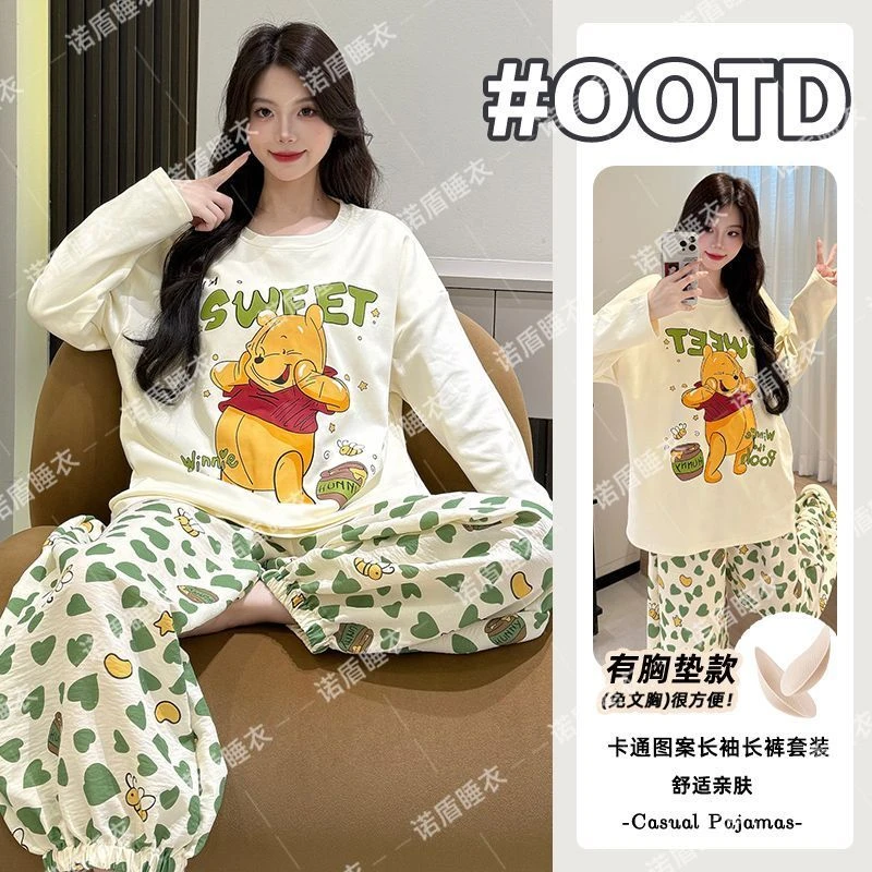 睡衣女纯棉100%全棉秋冬带胸垫一体式可外穿维尼熊卡通家居服套装