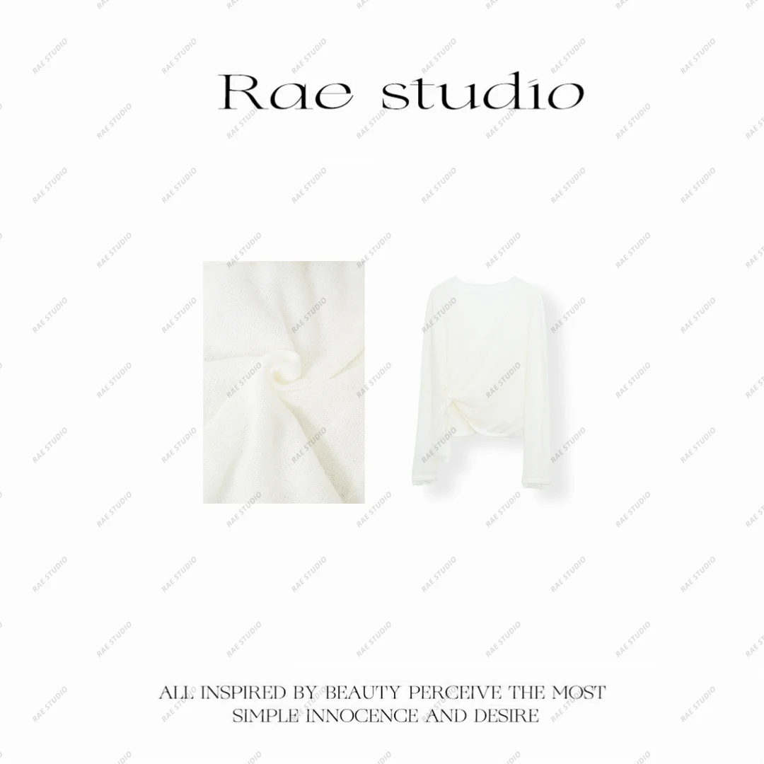 【Rae】法式优雅气质蕾丝边V领长袖针织衫r751