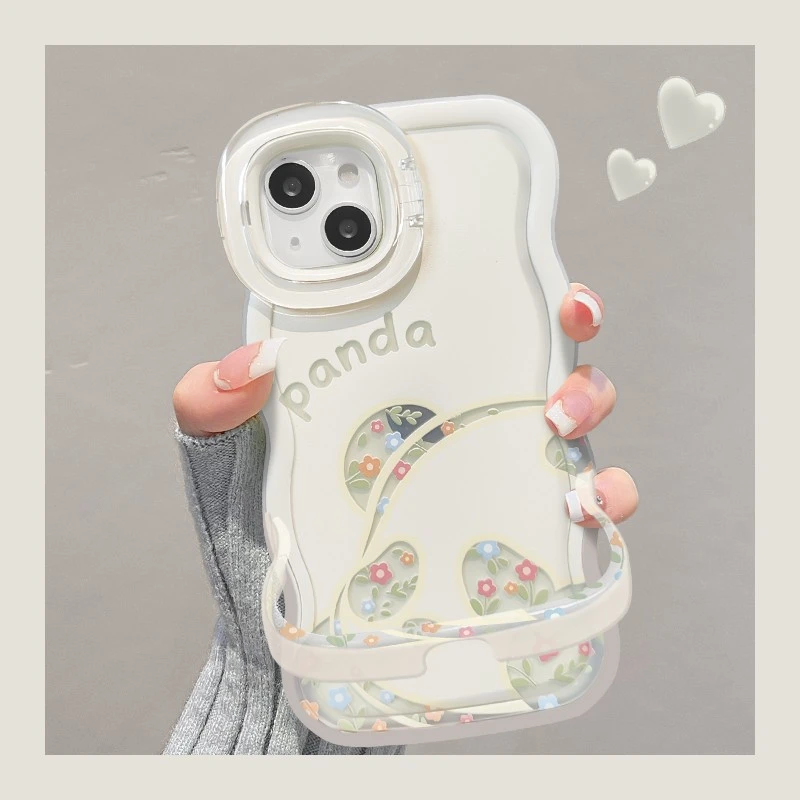 碎花熊猫适用苹果15华为oppo/vivo小米iPhone16板凳双支架手机壳