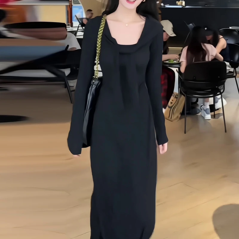 2025初秋新款长袖显瘦荡领长裙时尚大码女装秋季修身胖mm连衣裙