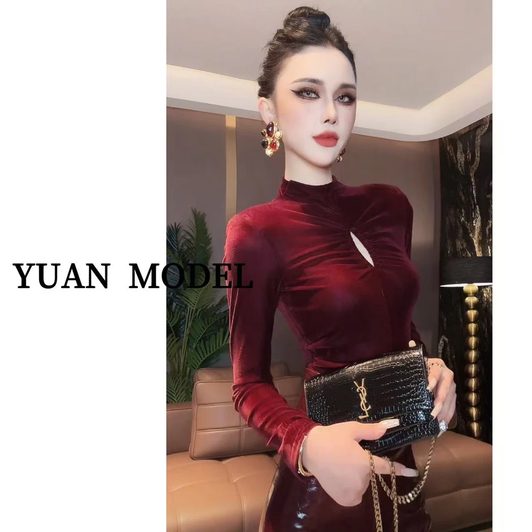 YUAN MODEL/媛老板-胸前褶皱气质显瘦长袖半高领T恤打底衫091151