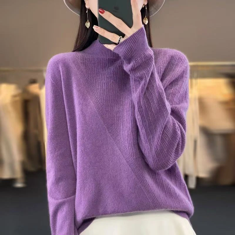 涵玖玥【100羊毛】对称双织法细织长袖套头上衣Zm07-057