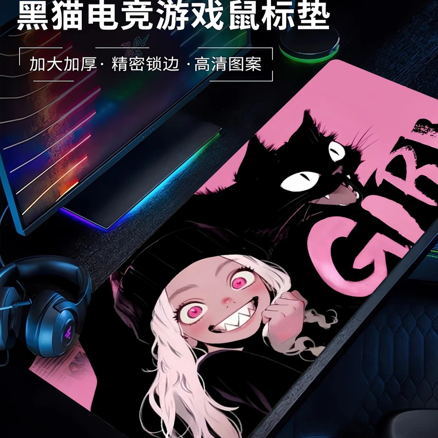 黑猫鼠标垫超大号电脑键盘垫FPS锁边CS加厚LOL游戏滑鼠垫办公桌垫