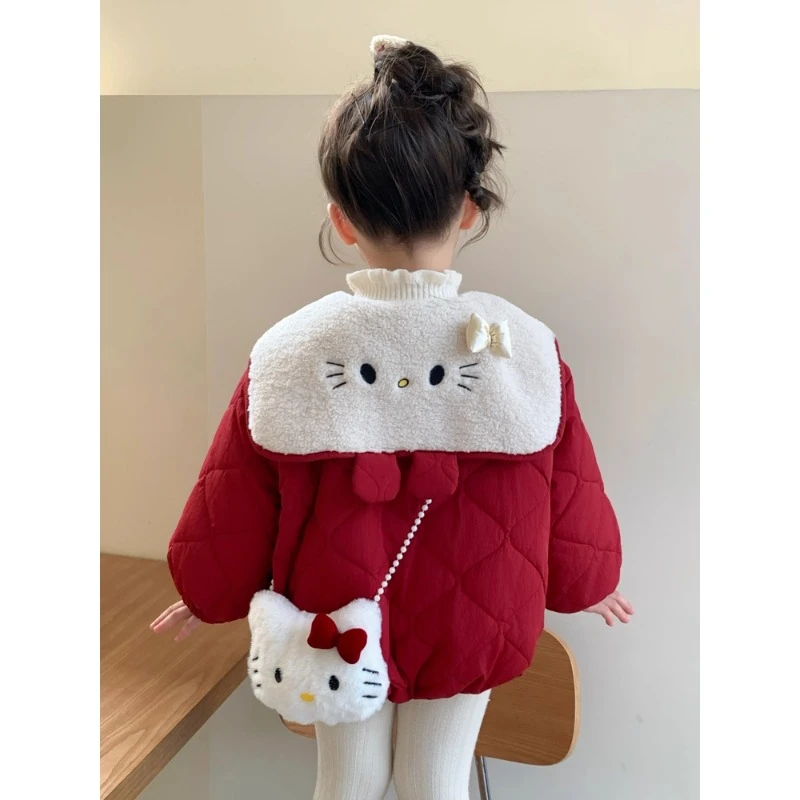 女童kt猫海军领加绒外套秋冬季2025新款儿童夹棉加厚上衣宝宝棉衣