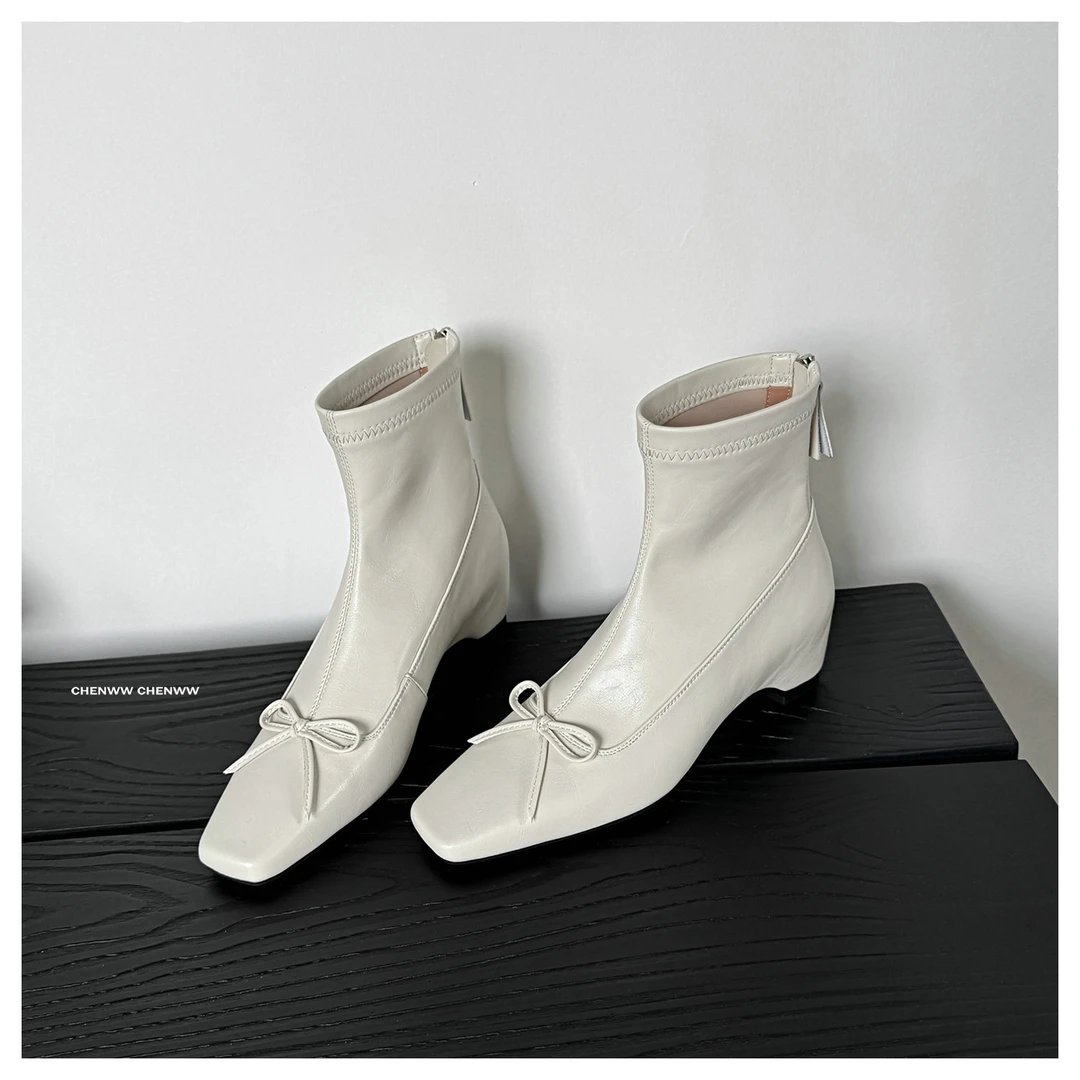 【CHENWW】 韩系小裸靴方头学院风蝴蝶结弹力靴内增高加绒瘦瘦靴女