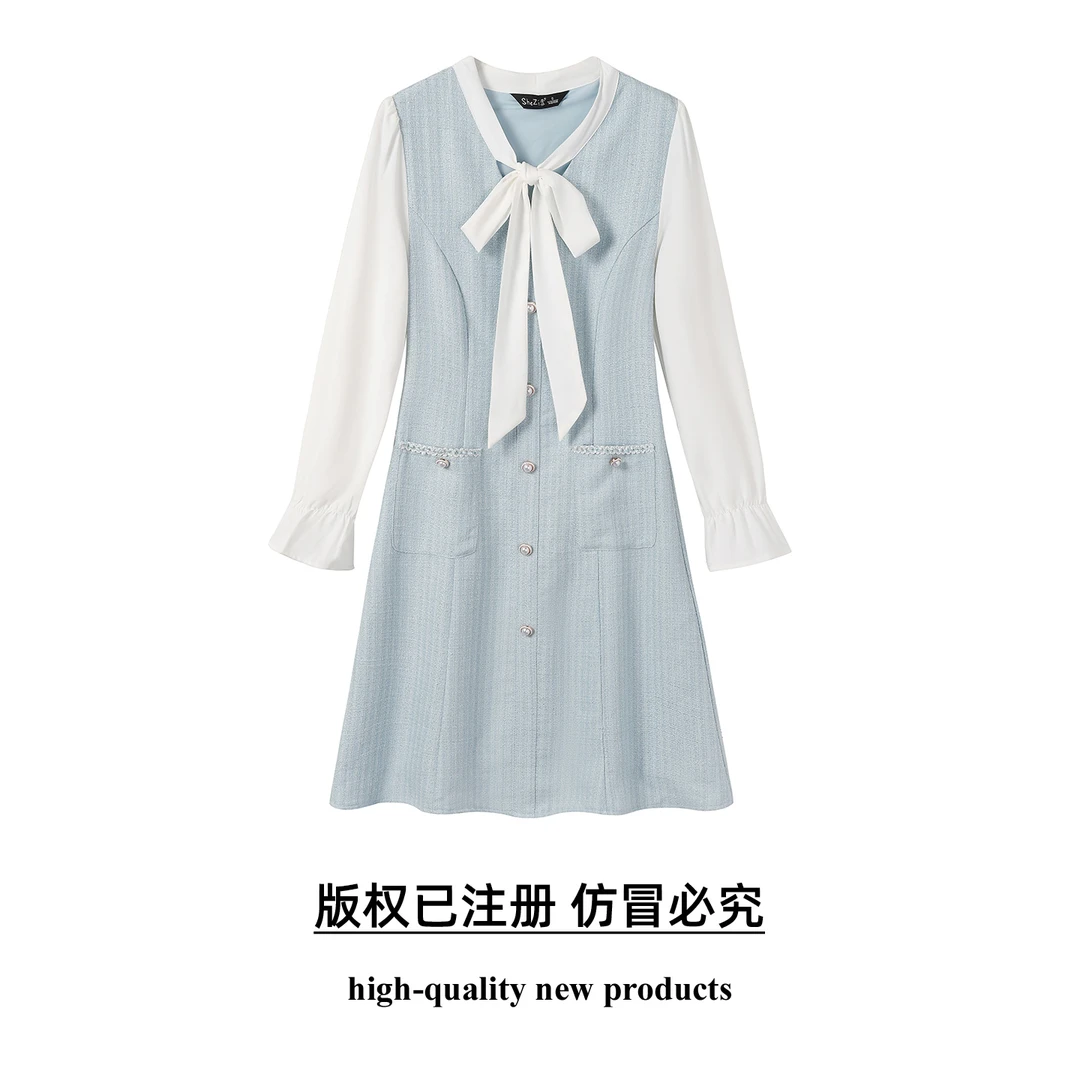 【SZ】大码女装2025秋冬季减龄蝴蝶结V领连衣裙胖妹妹小香风拼接