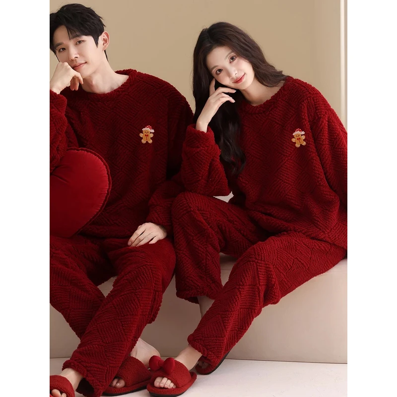 结婚情侣睡衣冬季珊瑚绒加厚保暖红色男女休闲套头本命年红家居服