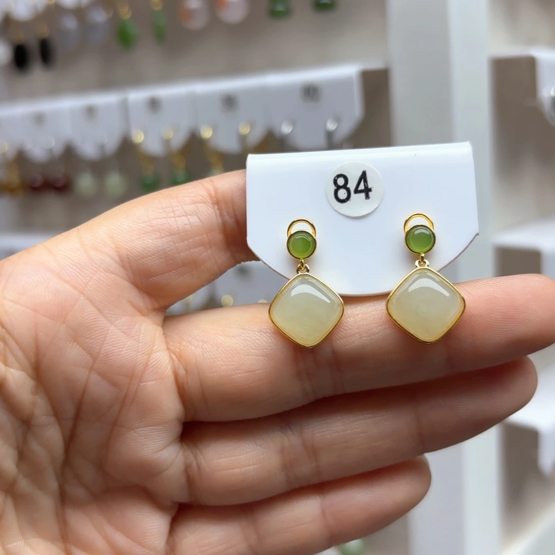 和田玉银S925镶嵌耳饰