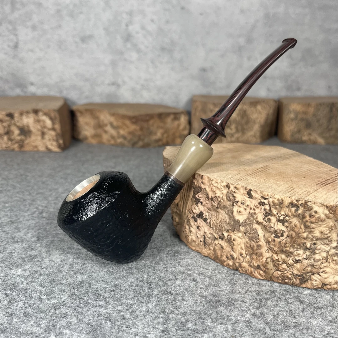 【精品橡果】手工石楠木烟斗军插牛角斗口镶银斗长157深38口20