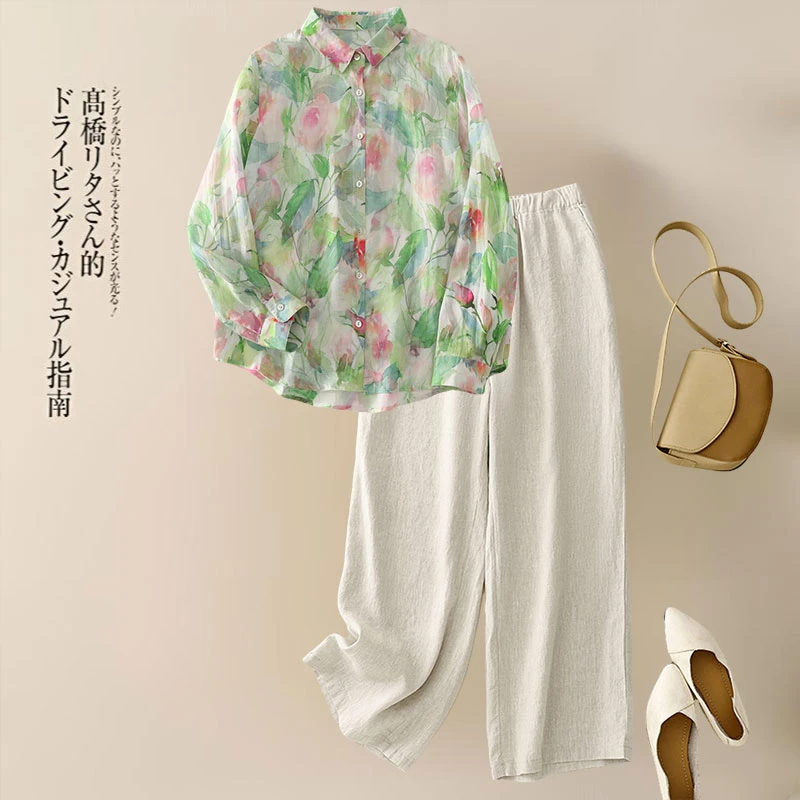 复古港风印花长袖衬衫大码POLO领通勤气质衬衣百搭上衣文艺直筒裤