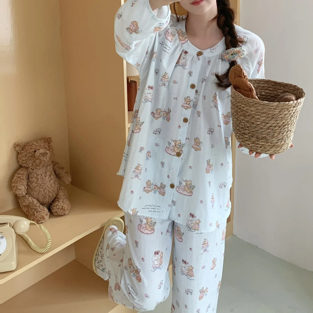 纯棉纱布长袖长裤睡衣女春秋卡通印花家居服套装ly 甜熊梦呓蓝