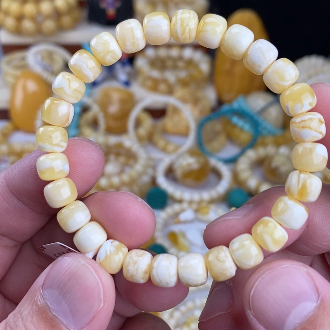 蜜蜡未镶嵌手链瓷白细纹虎皮纹8mm