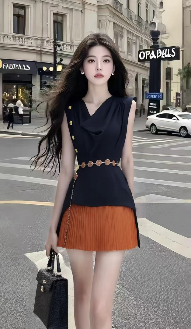 时尚通勤风拼接设计无袖荡领收腰设计感连衣裙小众高级感百搭女装