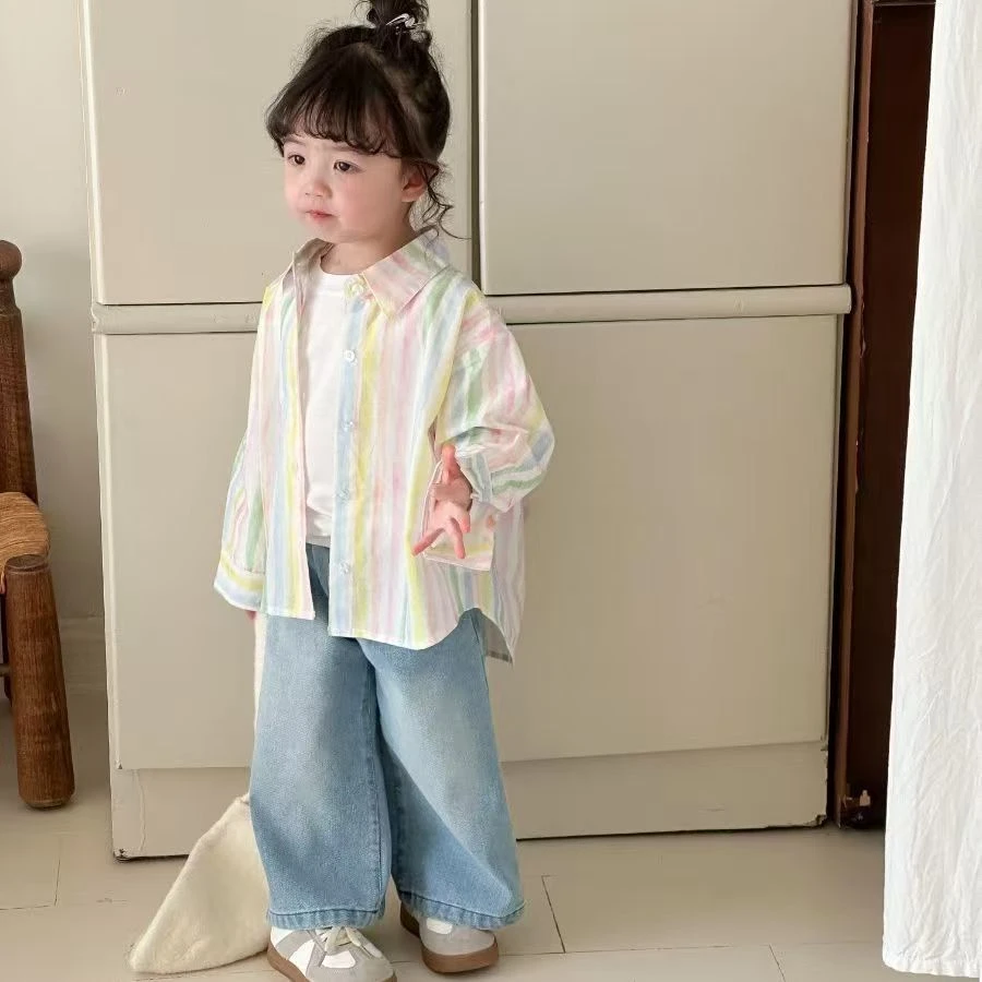 儿童防晒衣2025女童新款涤棉透气彩色条纹衬衫中小童春夏款薄外套