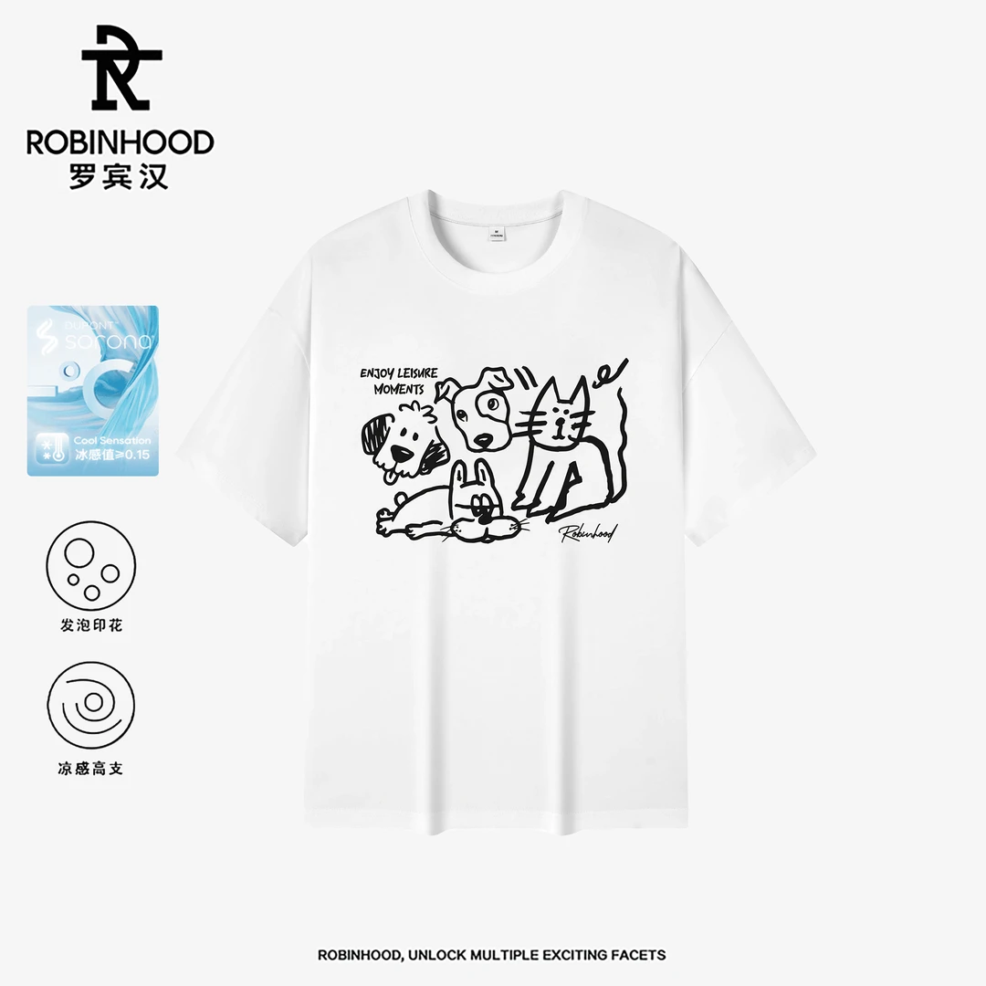 罗宾汉严选2025新款夏季凉感透气短袖男女同款趣味线条猫狗T恤