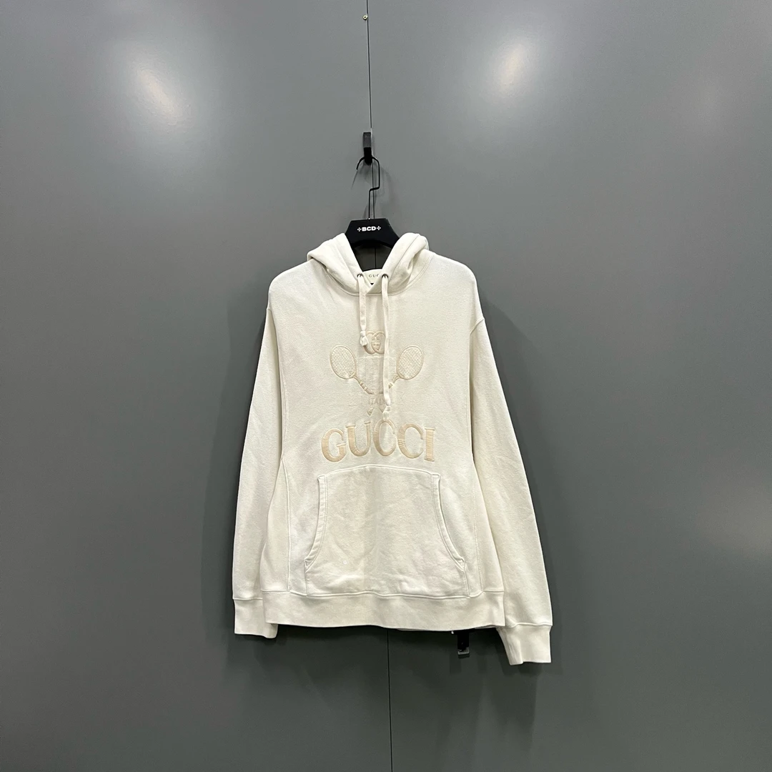 99新 GUCCI/古驰 h918 米白色球拍logo刺绣帽衫 S码 607010