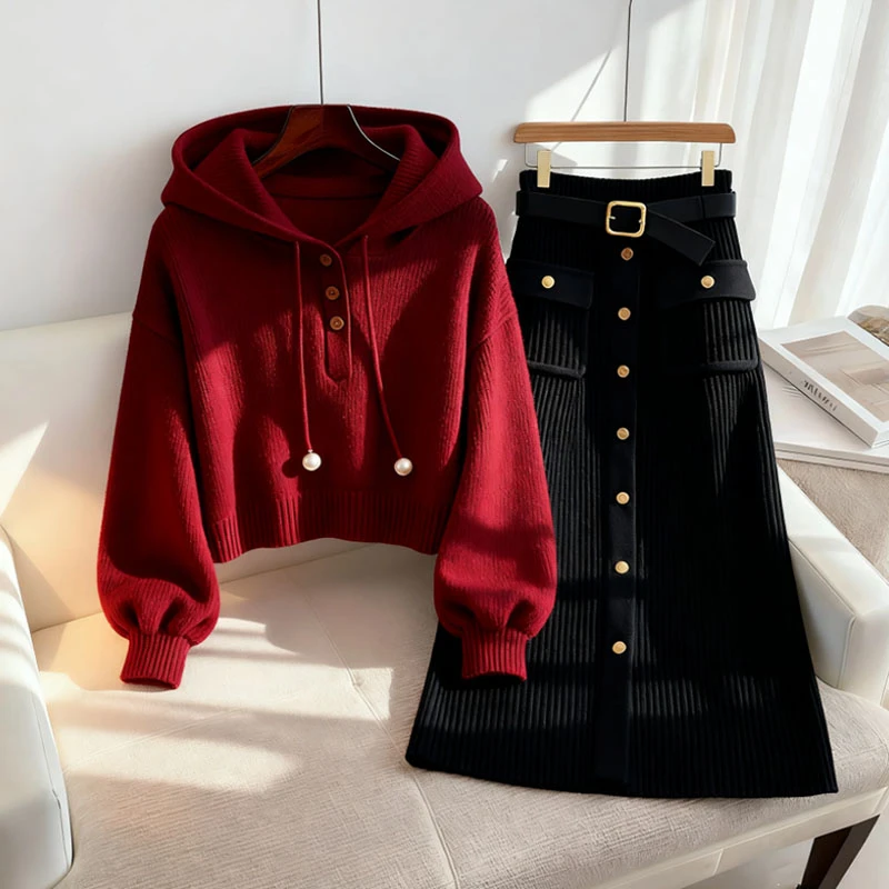 小众别致红色连帽抽绳纯色卫衣女款秋季黑色休闲百搭半身裙两件套